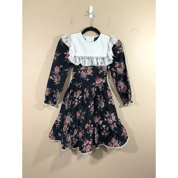 Vintage Miniworld Girls Floral Dress 12 Black Cottage Modest Prairie 90s Party - Picture 1 of 6